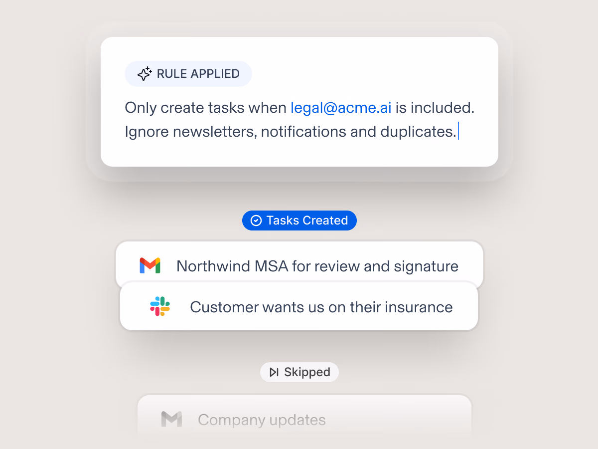 A plain-language Wordsmith rule creating Tasks from qualifying email and Slack requests