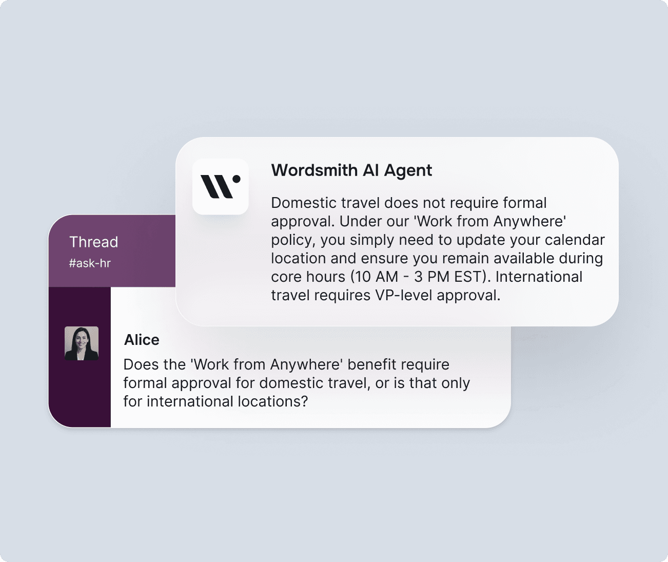 Wordsmith AI Agent answering an employee HR question in Slack