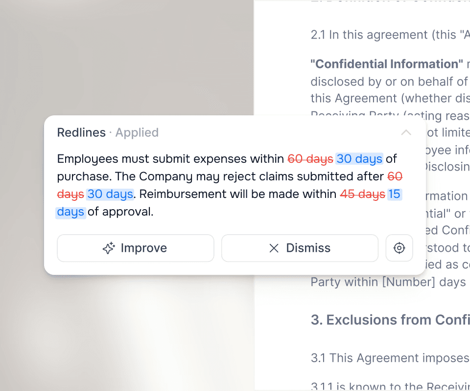Wordsmith showing redlines applied to a contract with Improve and Dismiss options