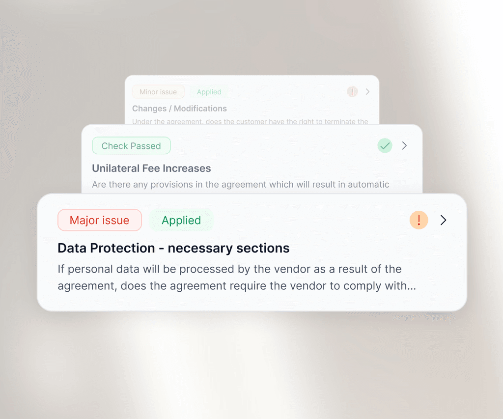 Wordsmith contract review showing major issue, check passed, and minor issue results