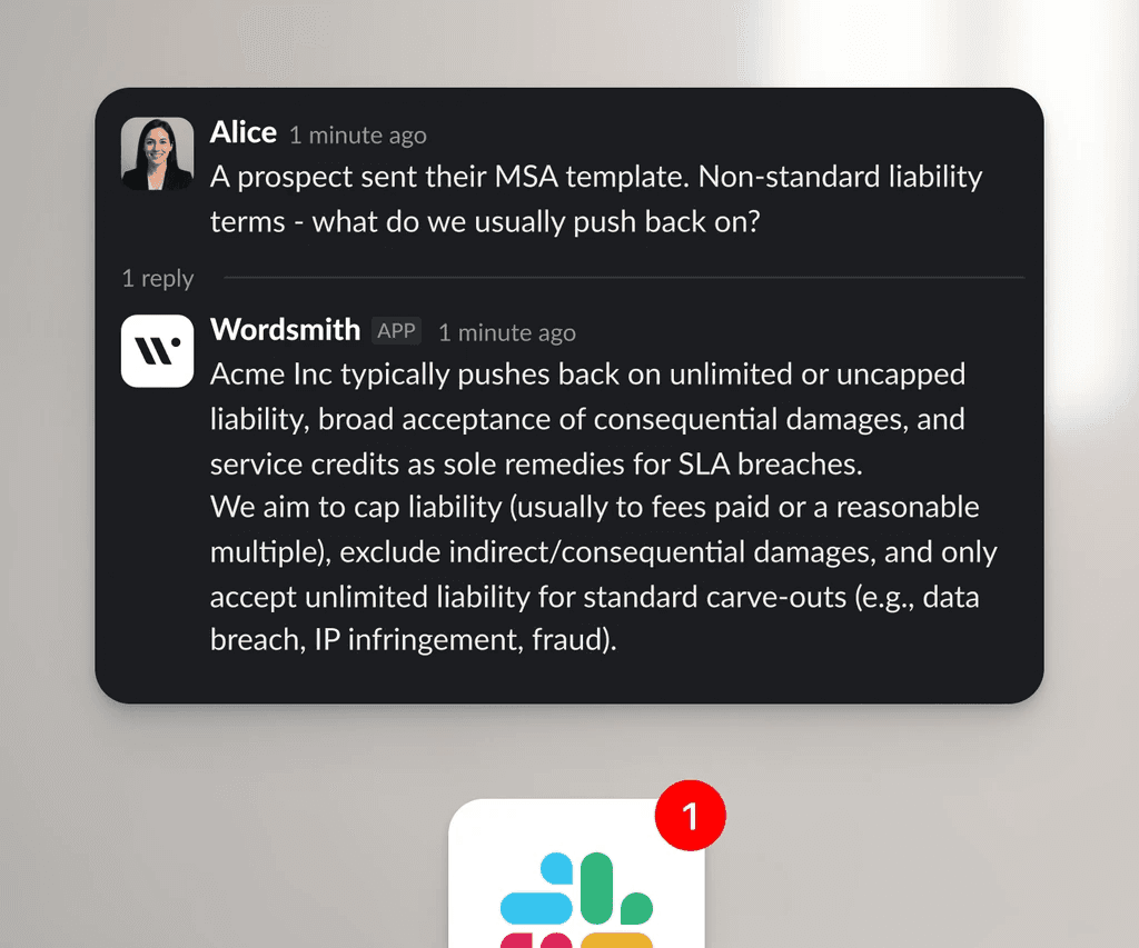 Wordsmith AI agent responding to a contract question in Slack