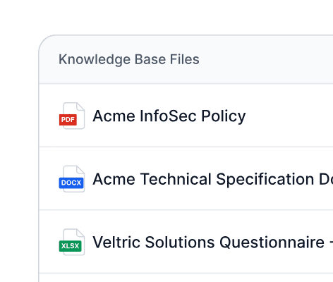 Wordsmith knowledge base showing uploaded InfoSec policy, technical spec, and questionnaire files
