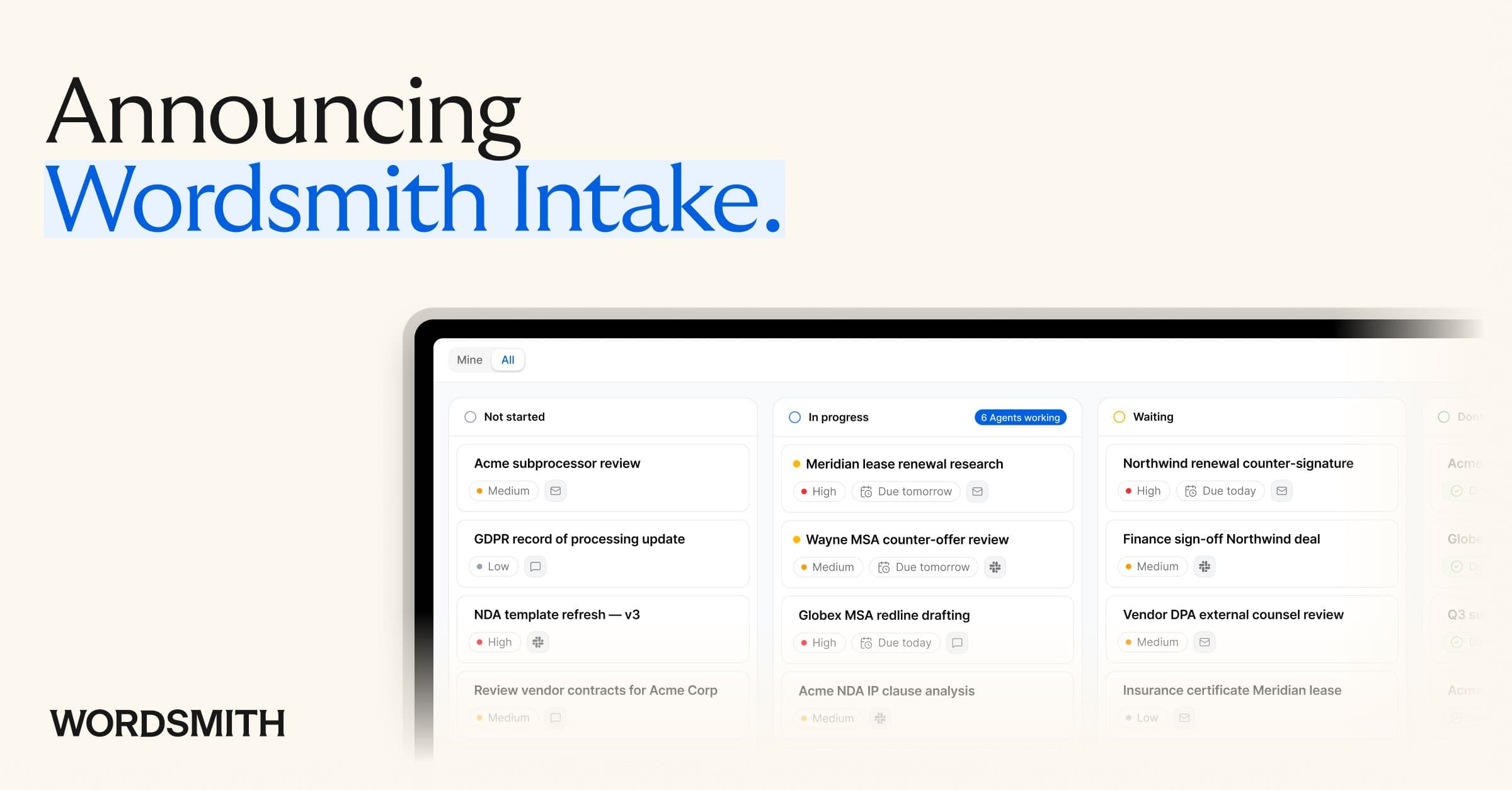 Announcing Wordsmith Intake — the Intake board showing legal requests grouped into Not started, In progress and Waiting columns.