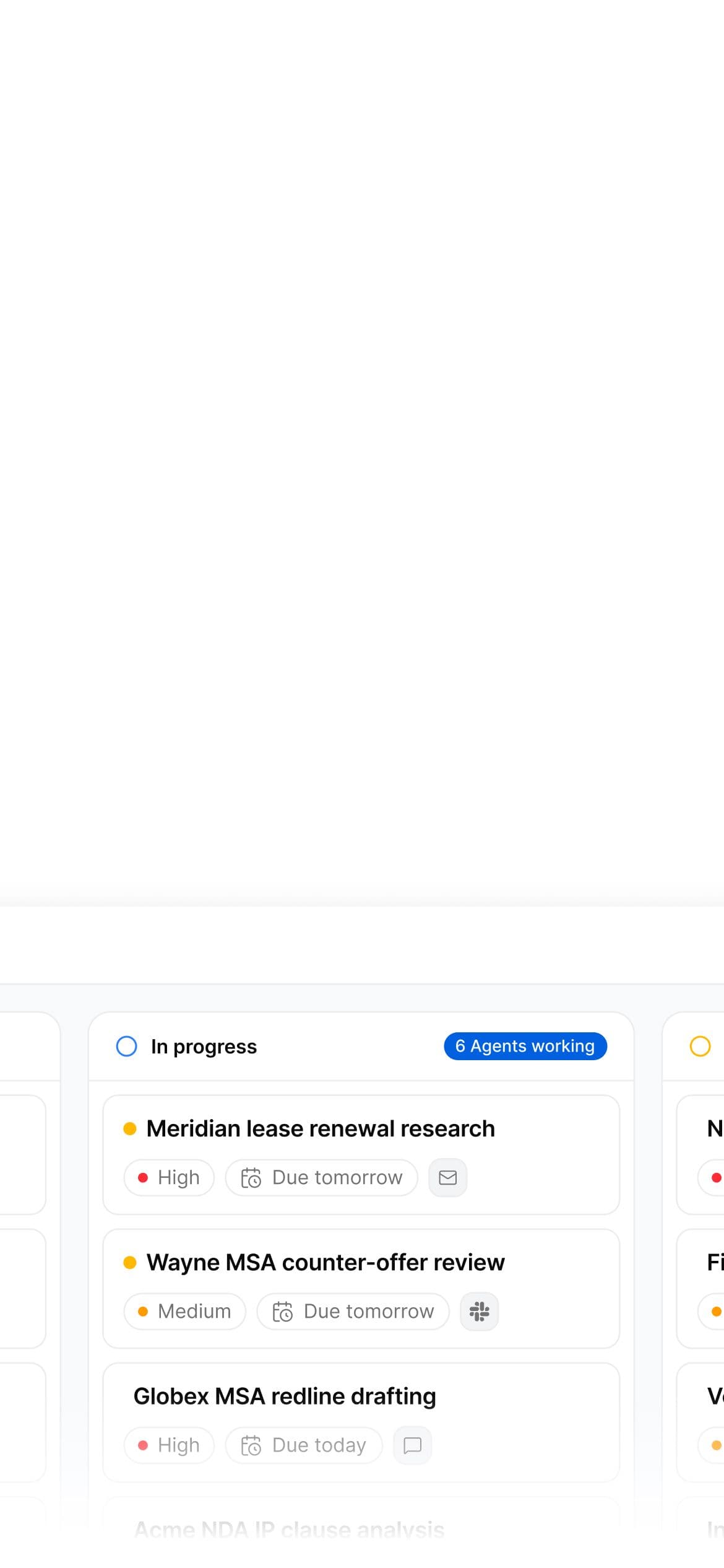 Wordsmith Intake task board showing legal requests in progress
